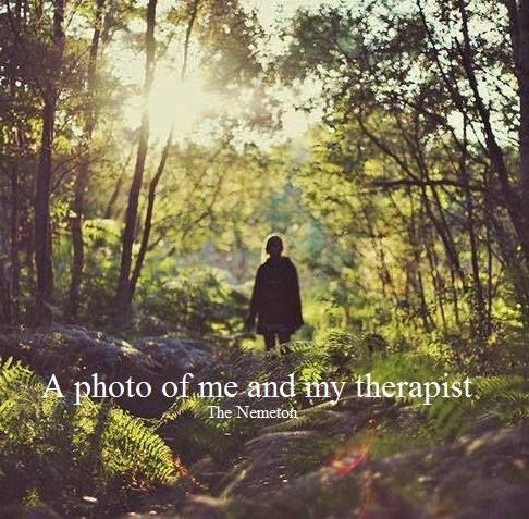 a person walking through the woods with trees in the background and a quote on it