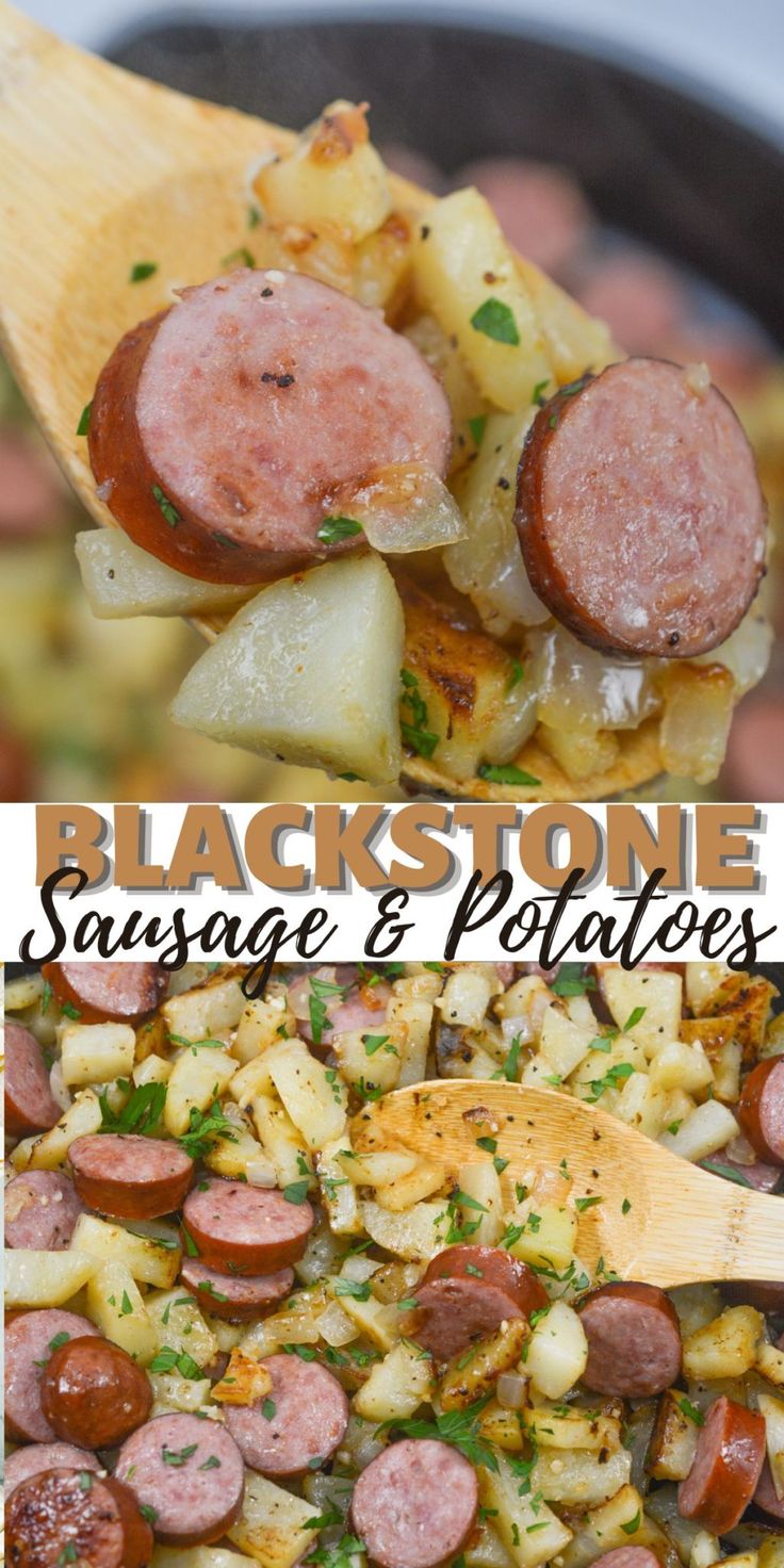 sausage and potatoes in a skillet with text overlay that reads blackstone sausage and potatoes