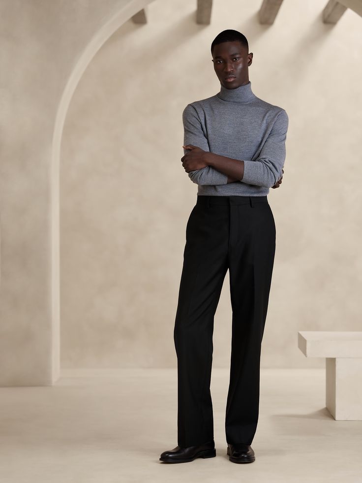 Expertly tailored with modern proportions, this straight-leg dress pant is cut straight through the leg with a full break at the hem.  For fabric, our designers selected a favorite wool in a Barathea weave.  High-rise, straight leg.  Fabric sources from Italy's Marzotto Mill.  Zip-fly with button closure.  Front and back crease.  Front and back pockets.  Lined to the knee.  High-rise.  Straight fit.  Inseams: Short: 29. 5", Regular 31. 5", Long 33. 5" Model: Size 32x32, 6'2" (188cm). Straight Leg Suit Pants Men, Straight Pants Outfit, Straight Leg Pants Men, Male Suit, Men Styling, Formal Pant, Black Outfit Men, Flamboyant Natural, Casual Man