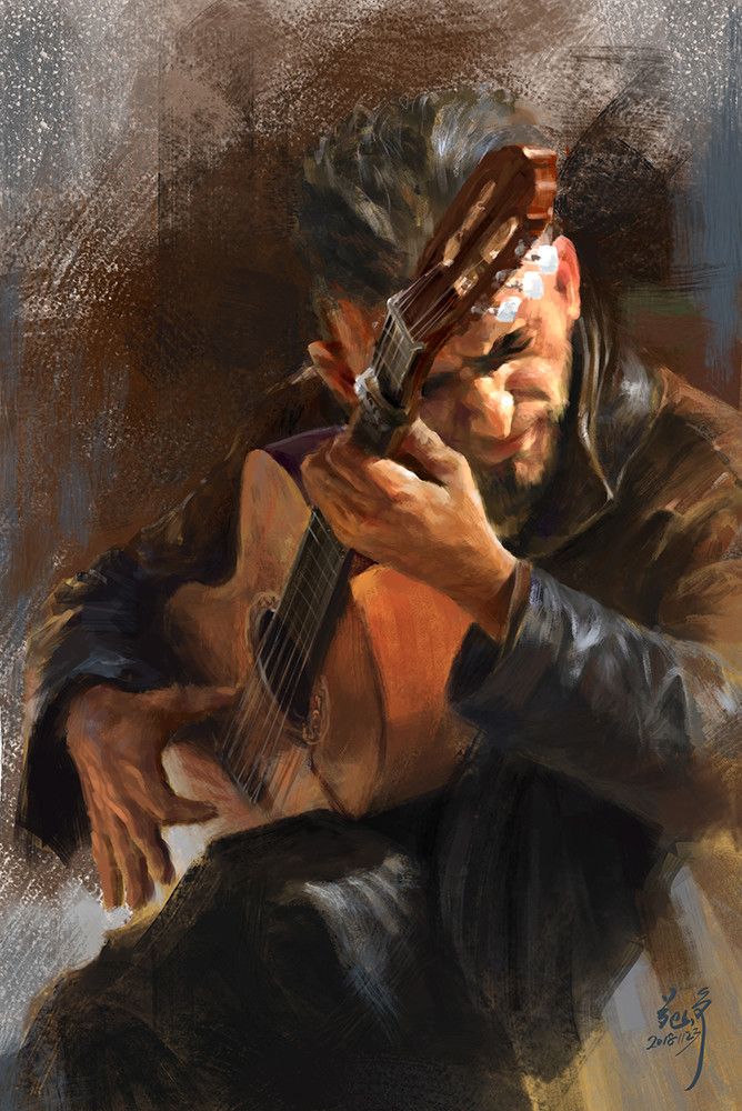 a painting of a man playing an acoustic guitar