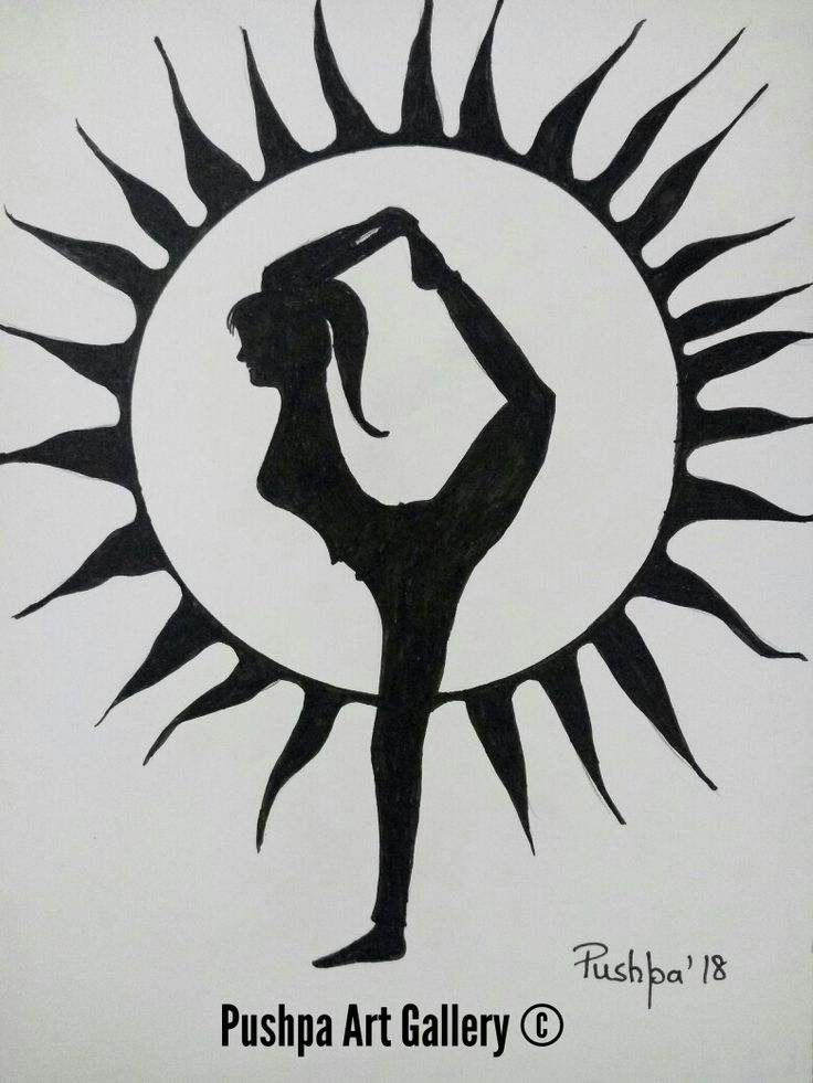 a black and white drawing of a woman doing yoga in front of a sun with the words pushpa art gallery on it