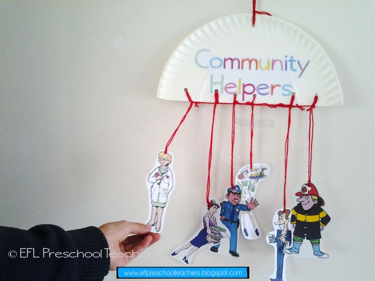 a paper plate hanging from the side of a wall with people on it and community helpers