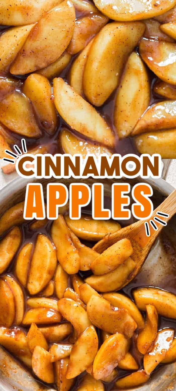 cinnamon apples are being cooked in a skillet with the words cinnamon apples above them