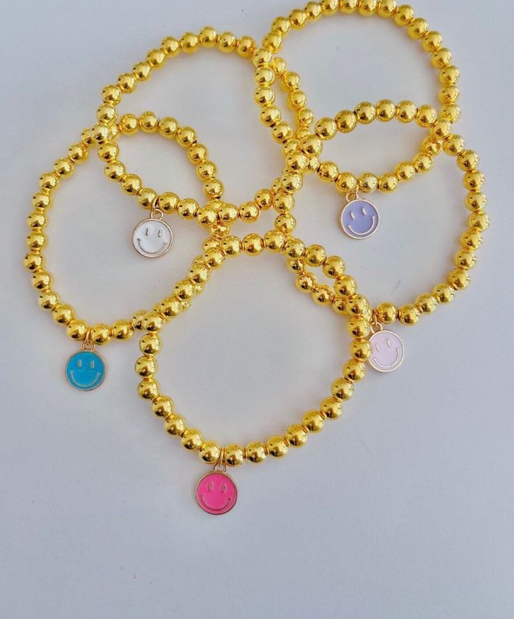 EACH SOLD SEPARATELY!!  please leave a private note if you think you will need a bigger or smaller size. Everyday Smiley Face Round Beads Bracelets, Cheap Yellow Beaded Bracelet With Smiley Face, Gold Smiley Face Bracelet, Yellow Smiley Face Clay Bead Bracelet, Playful Smiley Face Beaded Bracelets, Dream Bracelet, Preppy Bracelets, Neon Flowers, Lock Necklace