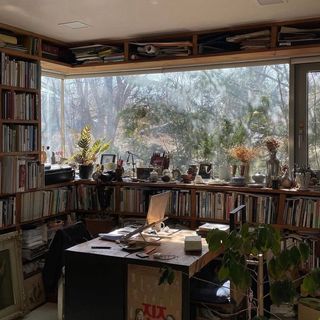 a room filled with lots of books and plants