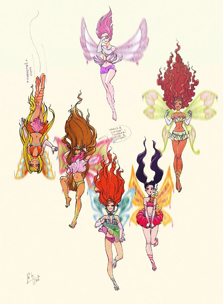 the four fairy princesses are flying through the air with their wings spread out, and there is no image here to provide a caption