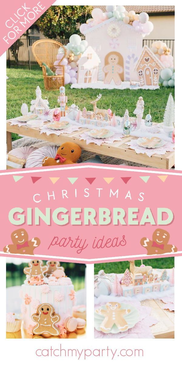 christmas gingerbread party with pink and white decorations, gingerbread cookies and other treats