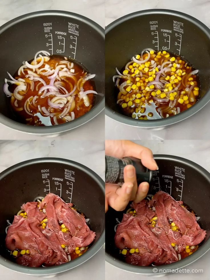 four pictures showing how to cook corn on the cob and beef in an instant pot