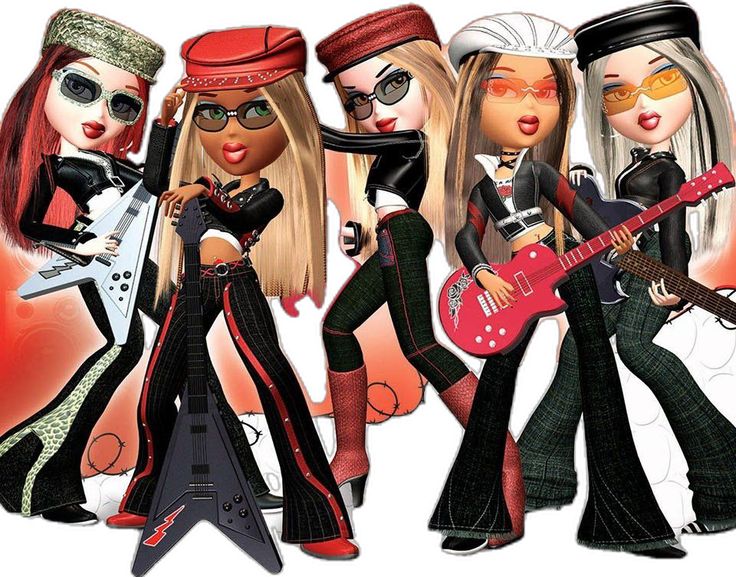 three cartoon girls are playing guitars and posing for the camera with guitar heros in front of them