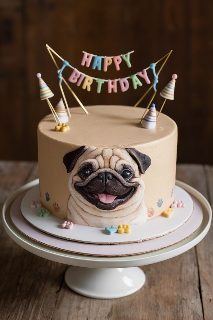 Cheerful Pug Cake Designs for a Memorable Birthday Pug Party Ideas, Pug Cake Topper, Pug Themed Birthday Party, Birthday Cake Dog Design, Dog Birthday Cake Design, Pug Cakes, Birthday Cake Puppy, Pug Birthday Party, Dog Cake Design