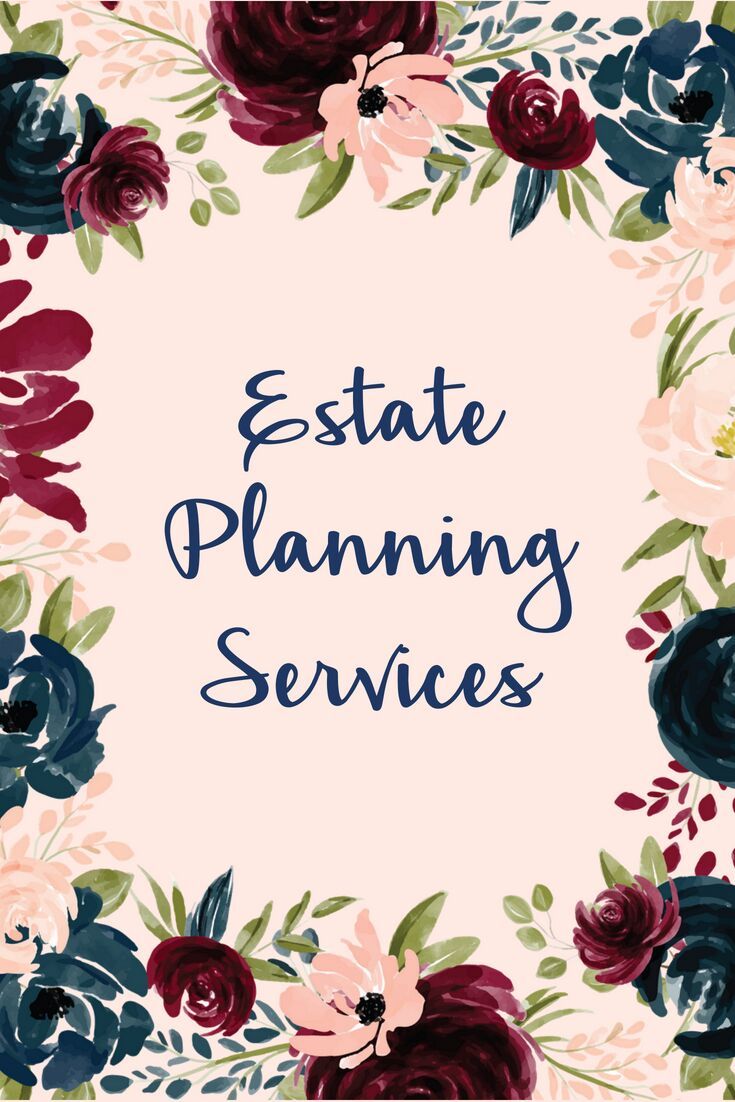 the words estate planning services surrounded by flowers and leaves on a pink background with blue, red