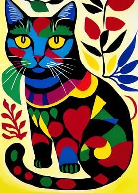 a painting of a colorful cat sitting in front of flowers and leaves on a yellow background