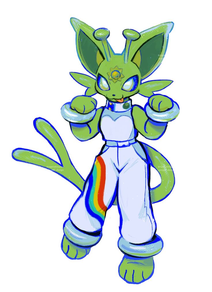 an image of a cartoon character in white pants and green shoes with rainbows on his feet