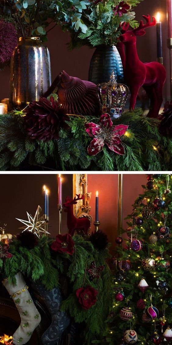 two pictures of christmas decorations and candles in front of a tree with ornaments on it