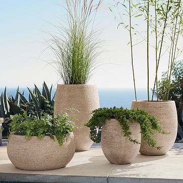 three planters sitting next to each other near a swimming pool