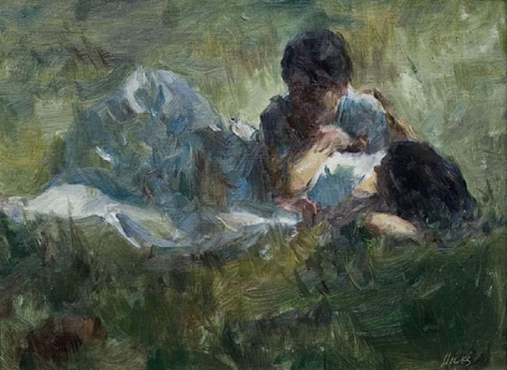 a painting of two people laying in the grass