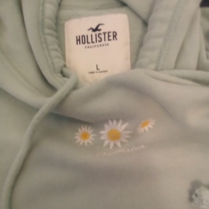 Sage Green Hoodie From Hollister With Embroidery Of Flowers On Front Along With Logo Trendy Spring Cotton Hoodie, Cute Spring Hoodie Outerwear, Spring Cotton Hoodie, Casual White Sweatshirt For Spring, Embroidered Hooded Sweatshirt For Spring, Spring Embroidered Hooded Hoodie, Hooded Embroidered Sweatshirt For Spring, Embroidered Hooded Hoodie For Spring, Spring Embroidered White Hoodie