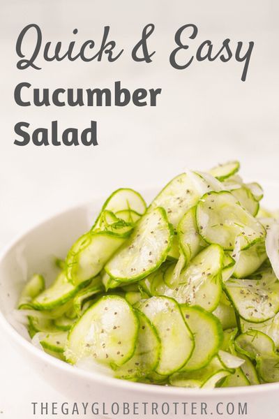 cucumber salad in a white bowl with the words quick and easy cucumber salad