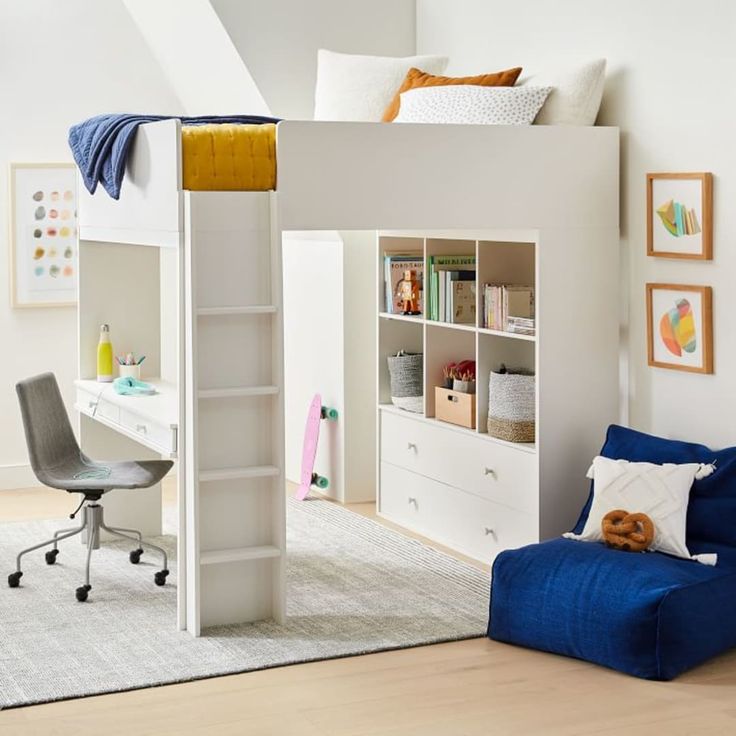 there is a loft bed with a desk and chair in the room next to it