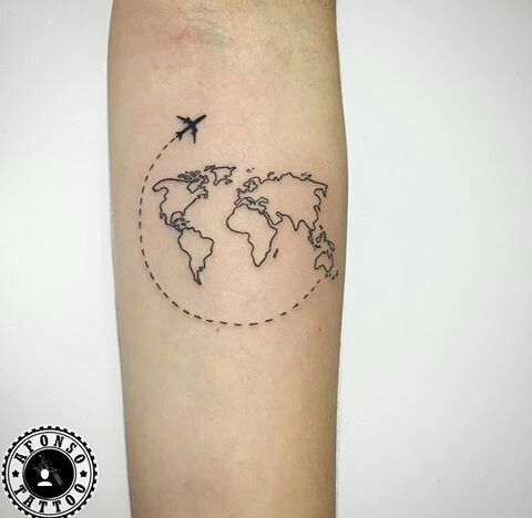 an airplane flying around the world tattoo on the right forearm and arm, with a dotted line in the middle