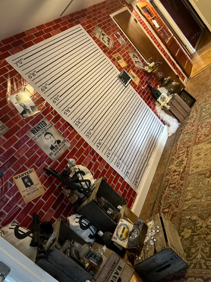 an overhead view of a kitchen with red tiles