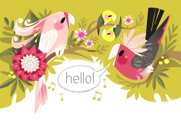 two birds sitting on top of a tree branch with flowers and music notes in the background