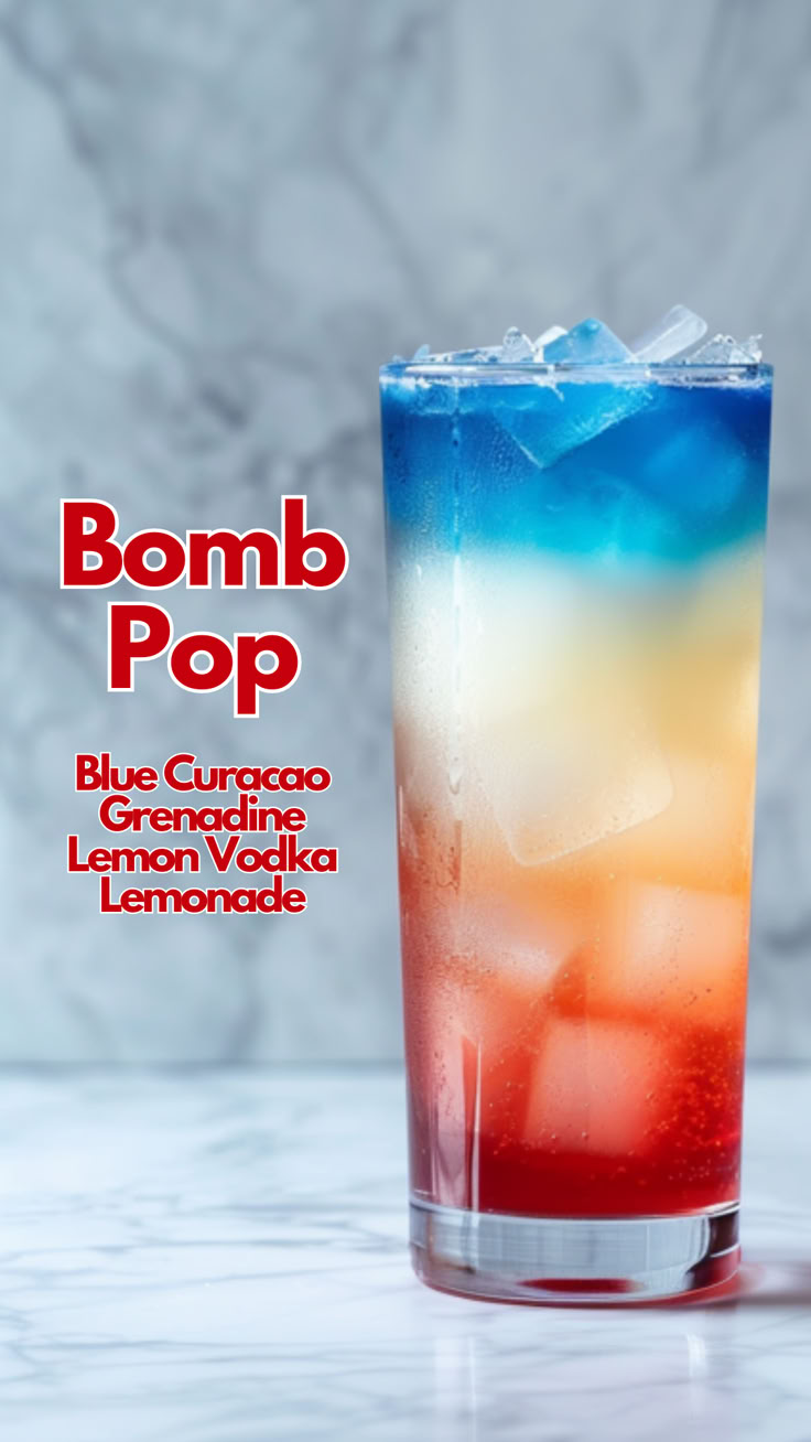 Bomb Pop Bomb Pop Drink Recipes, Fun Fourth Of July Drinks, May The Fourth Cocktails, Rocket Pop Cocktail, Rocket Pop Alcoholic Drink, Fun Easy Drinks Alcohol, Skittles Alcoholic Drinks, Bombpop Popsicle Drink, Red White And Blue Cocktails Alcohol