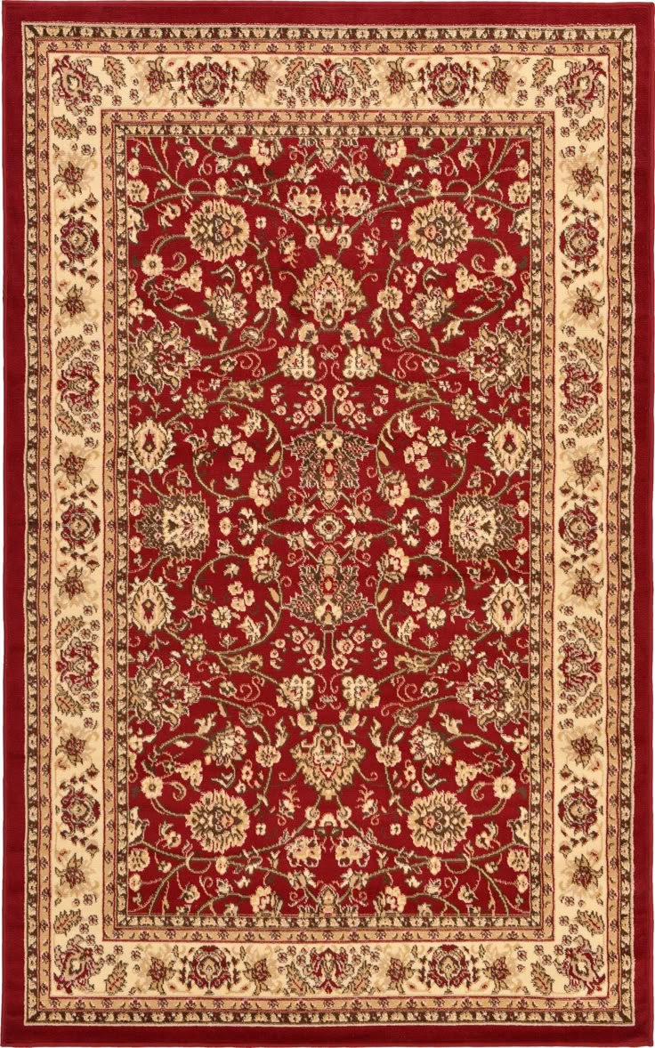 a red and beige rug with an ornate design on the center, surrounded by flowers