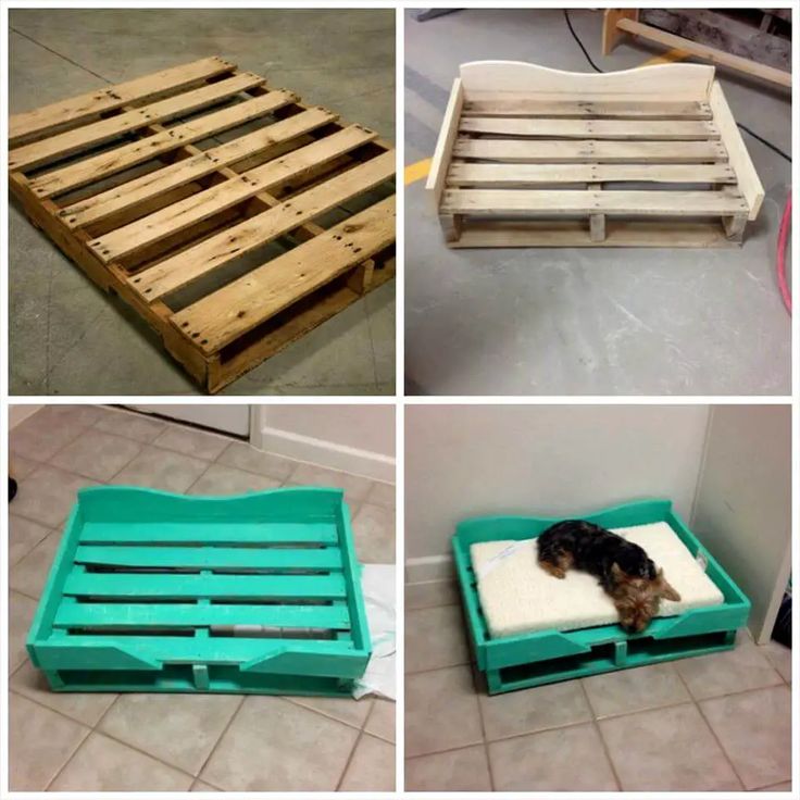 four pictures showing different types of dog beds made out of pallets and wooden crates