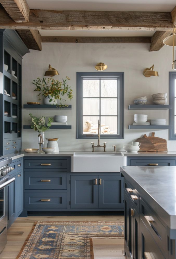 a kitchen with blue cabinets and white counter tops, an area rug and open shelving