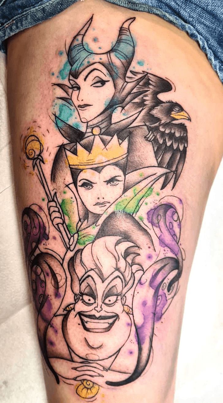 an image of some disney tattoos on the thigh, with princesses and evil men