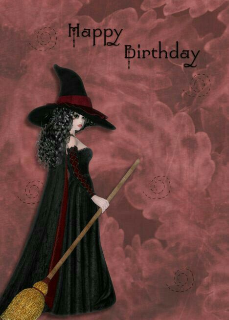 a woman dressed in black holding a broom and wearing a witches hat with the words happy birthday written on it