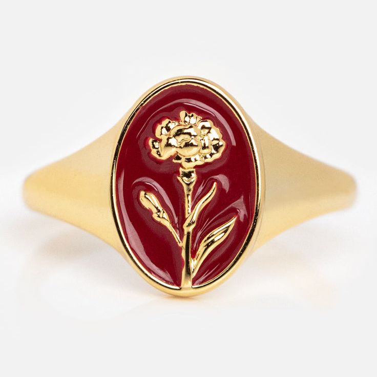 Enamel Birth Flower Signet Ring | Local Eclectic Birth Flower Ring For Promise, Vintage Birth Flower Rings For Gifts, Vintage Birth Flower Rings For Gift, Vintage Flower Shaped Ring As Gift, Flower Shaped Ring With Birth Flower For Gift, Birth Flower Shaped Promise Ring, Flower-shaped Birth Flower Rings For Gift, Birth Flower Promise Ring, Adjustable Flower Enamel Ring As Gift