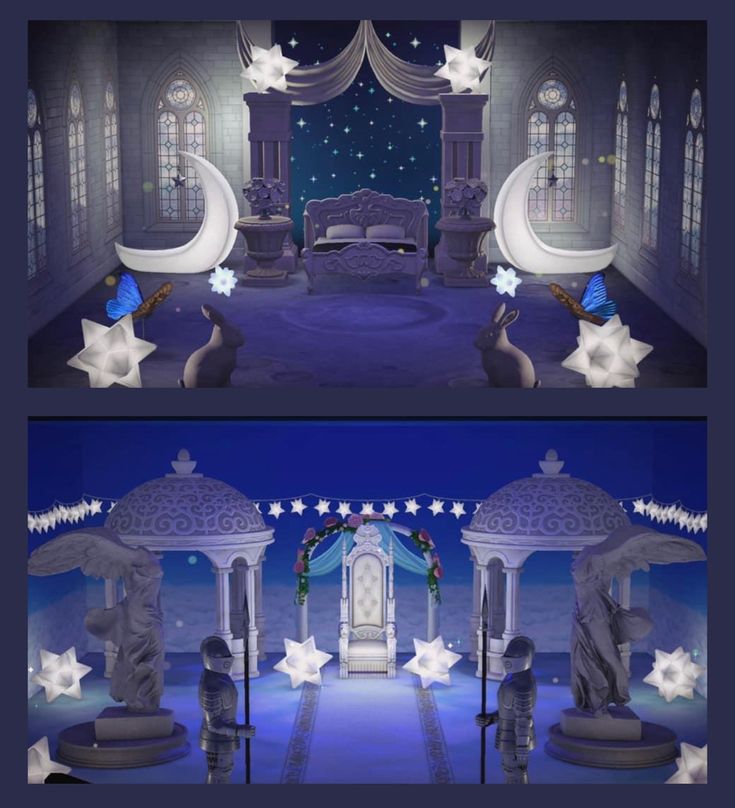 two pictures of a stage set up for a show with stars and moon decorations on it