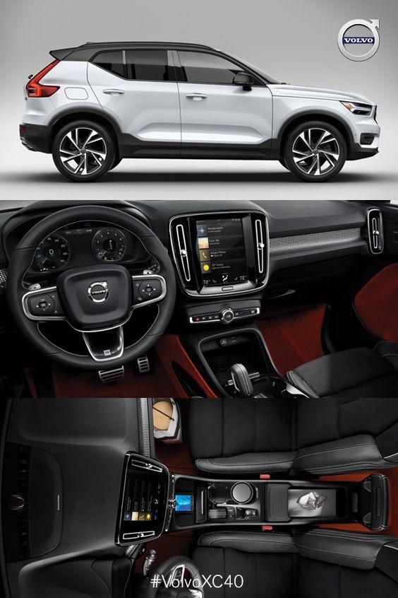 the inside and outside view of a volvo suv with red leather seats, steering wheel controls and dashboard