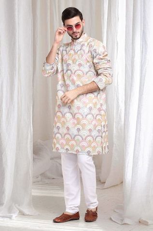 Ivory kurta with multi color sequins and thread embroidery. Paired with solid churidaar. - Aza Fashions Kurta Patterns, Band Collar, Full Sleeve, Aza Fashion, Custom Made, Multi Color, Types Of Sleeves, Collar, Embroidery