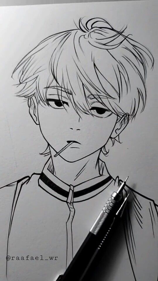 a drawing of an anime character in black and white with a pen next to it