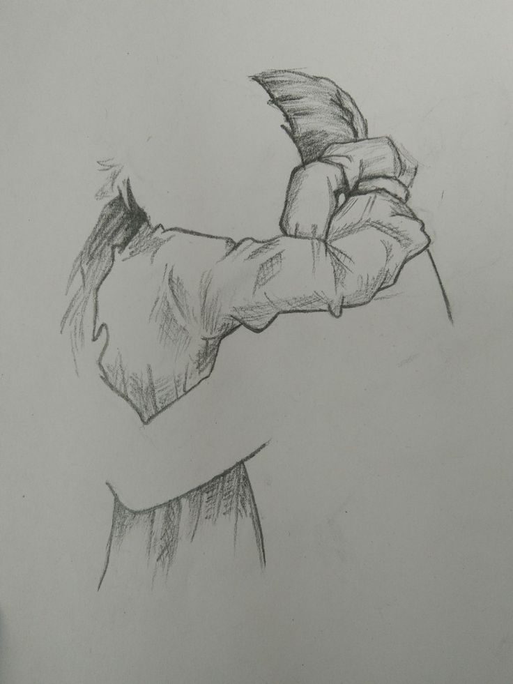 a pencil drawing of a person holding something in their hand with one arm and the other on his shoulder