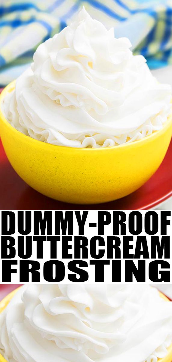 two yellow bowls filled with whipped cream on top of a red plate and text overlay that reads, dummy proof buttercream frosting