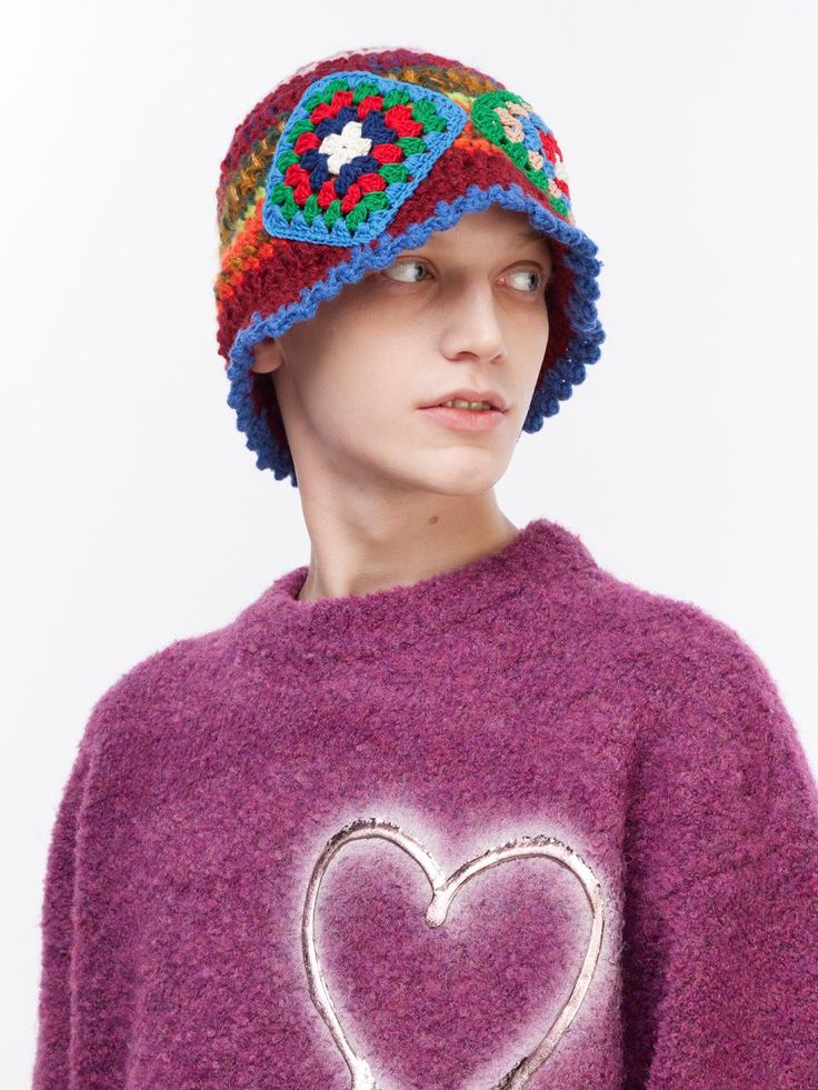 THE GREATEST's bucket has a unique look with colorful crochet pattern all over the hat. You can style it for casual and iconic look during multiple seasons. - Deep depth- Crochet knit pattern- Acrylic fabric Multicolor Bucket Hat For Fall, Trendy Multicolor Fall Hat, Retro Brimmed Bucket Hat For Winter, Retro Brimmed Winter Bucket Hat, Multicolor Winter Bucket Hat, Winter Retro Brimmed Bucket Hat, Retro Winter Bucket Hat With Curved Brim, Multicolor Knitted Bucket Hat, Retro Curved Brim Bucket Hat For Winter