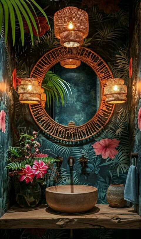 a bathroom with a sink, mirror and plants