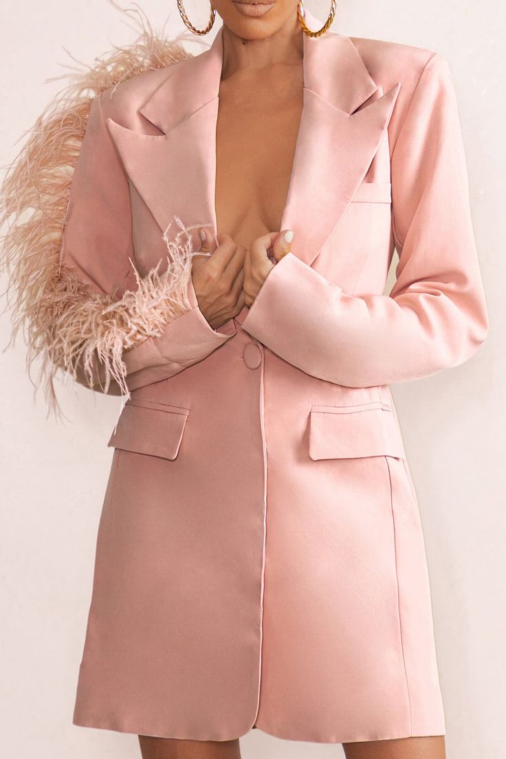 One In A Million Pink Blazer Dress With Feather Trim – Club L London - USA Hospital Art, Dress With Feather Trim, Bronzed Skin, Blazer Mini Dress, Black Dress Prom, Black Tie Gala, Maternity Jumpsuit, Feather Trim, Christmas Party Dress