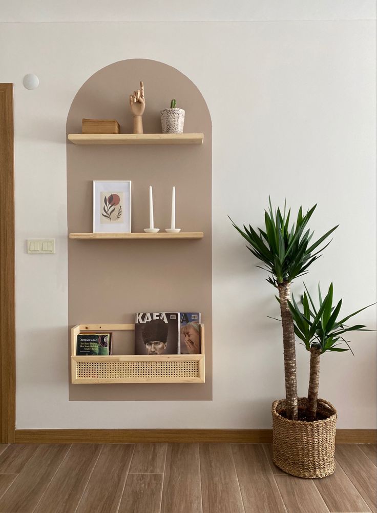 a potted plant sitting on top of a wooden shelf next to a bookshelf