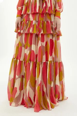 Shop for KoAi Multi Color Chiffon Abstract Pattern Layered Dress for Women Online at Aza Fashions Flowy Pink Silk Chiffon Maxi Dress, Multicolor Tiered Skirt Dress, Multicolor Flowy Tiered Dress, Multicolor Flowy Tiered Skirt Dress, Pink Silk Dress With Flowy Skirt, Pink Ruffled Silk Chiffon Dresses, Pink Chiffon Tiered Skirt Dress, Pink Chiffon Tiered Dress, White Layered Dress