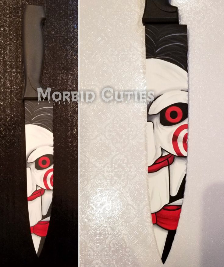 two different types of knifes with faces painted on the blades and one has red eyes