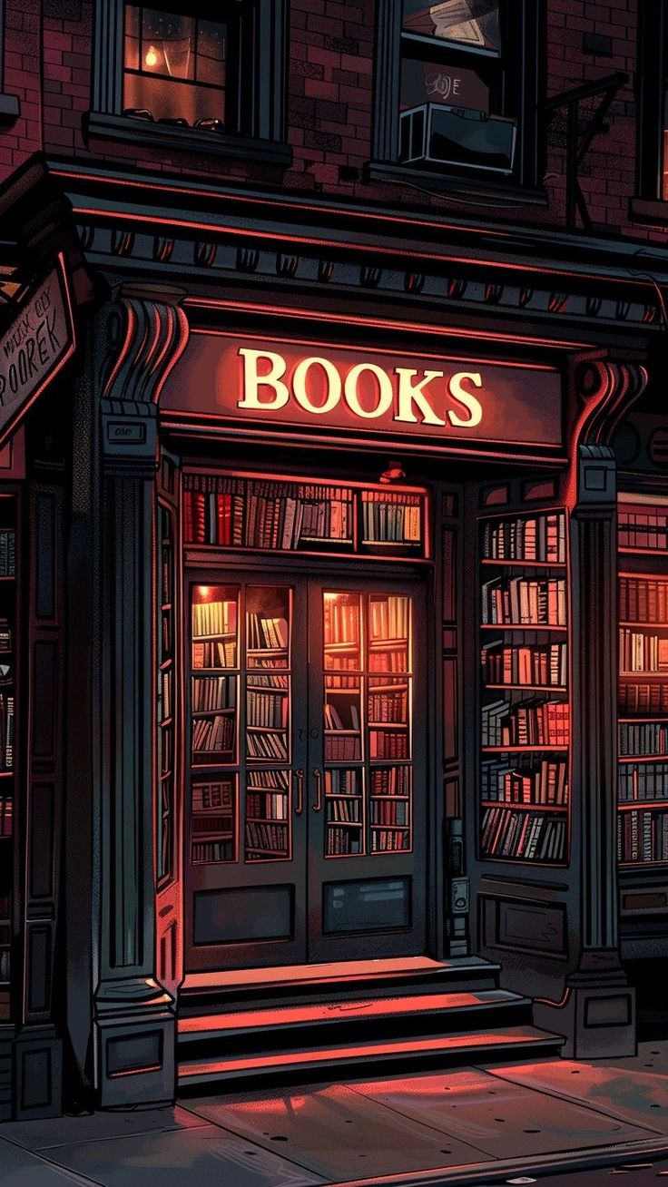 an illustration of a book store with books on the front and shelves full of books