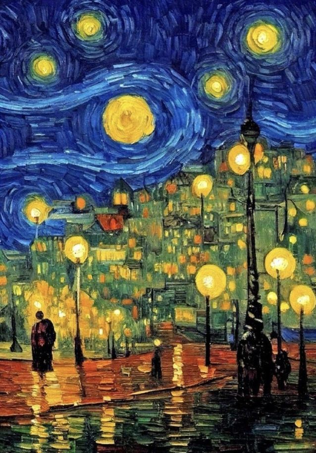 a painting of people walking in the rain at night with street lights and starry sky