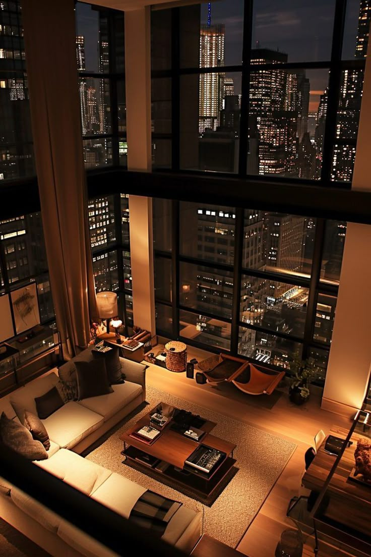 a living room filled with lots of furniture and tall buildings in the background at night