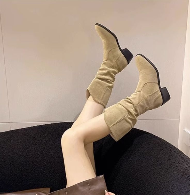 Beige Suede Cowboy Boots | Irene - Red Velvet Beige 38 Suede Cowboy Boots, Chunky Platform Sandals, Denim Heels, Fashion Chingu, Velvet Flats, Embellished Heels, Black Combat Boots, Loafers Style, Pointed Heels