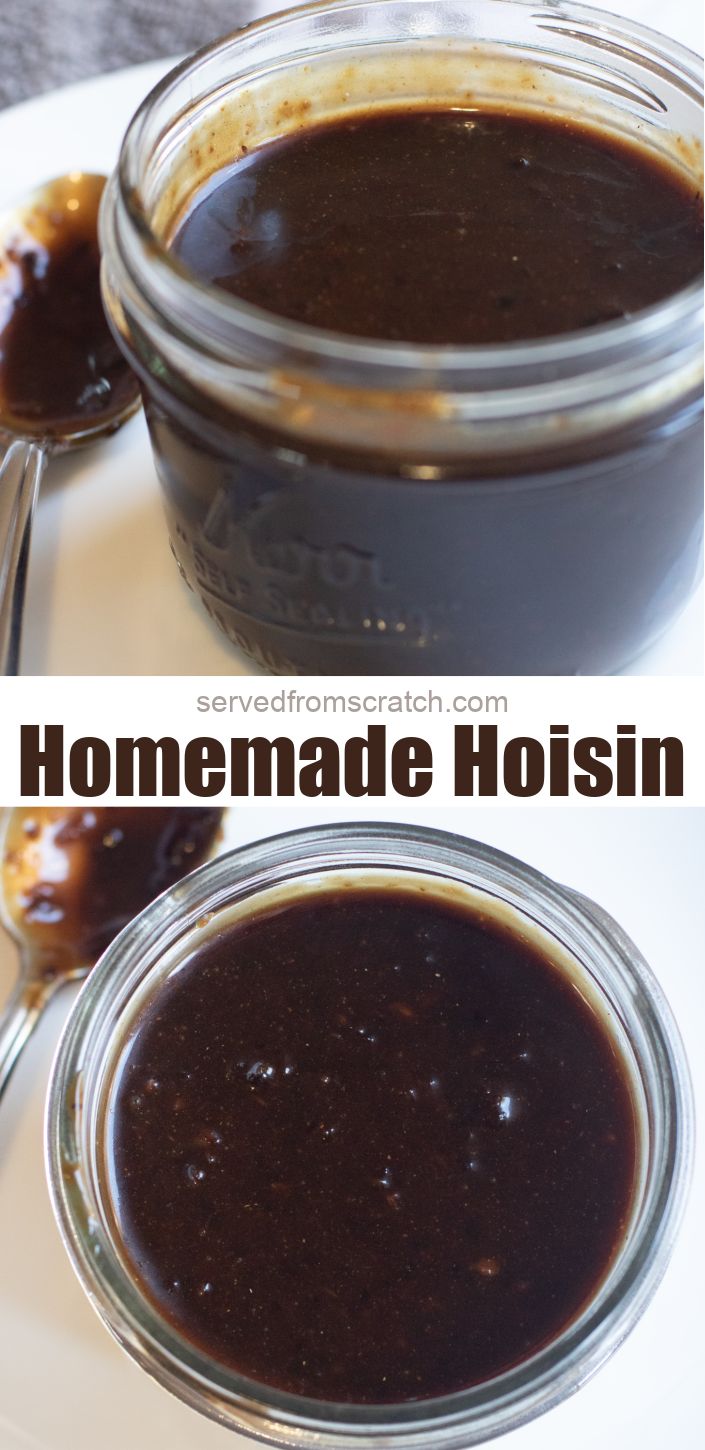 homemade hoisin sauce in a glass jar on a white plate with spoons